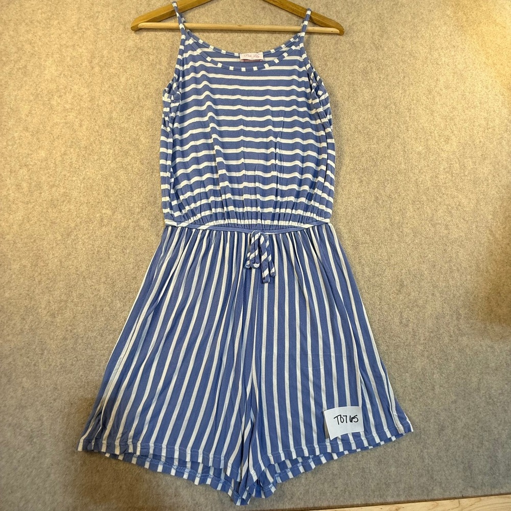 Pink Lily Womens Blue White Striped Sleeveless Romper Elastic Waist Size S